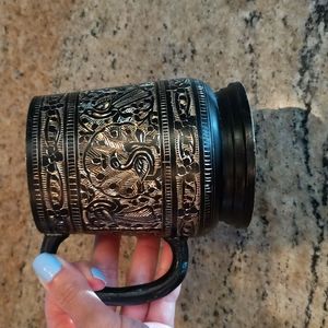 Antique Ornate Peacock Etched Pewter Mug